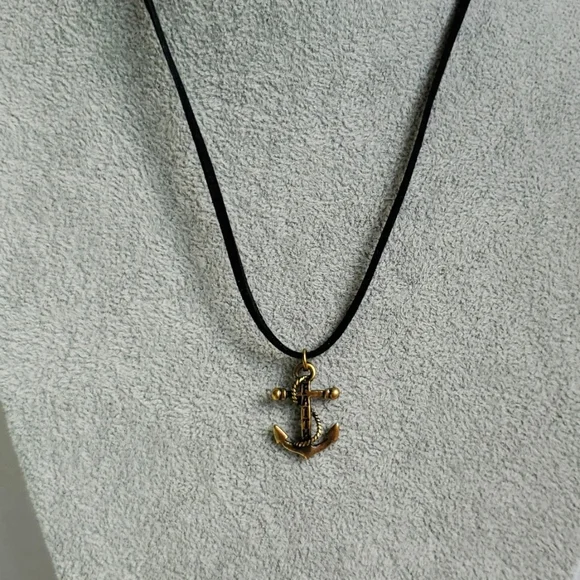 Mens Faith brass anchor charm black suede necklace - Picture 2 of 4